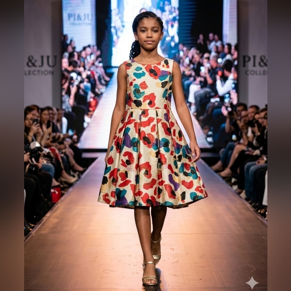 Pippa&Julie Multicolor Box Pleat Floral Dress w/Red Bodice Piping Accent,S12,NWT